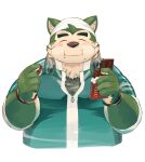 2024 anthro blush candy canid canine canis chocolate clothing dessert domestic_dog electronics eyes_closed food green_body headphones headphones_around_neck hi_res humanoid_hands inutora08 kemono lifewonders live_a_hero male mammal mokdai overweight overweight_male shirt simple_background solo topwear white_background