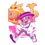  &gt;_&lt; 1boy :d black_headwear boots commentary cross-laced_footwear english_commentary full_body hat holding holding_weapon inkling_boy inkling_player_character medium_hair open_mouth paint pink_hair pointy_ears rainmaker_(splatoon) running simple_background smile solo sparkle splatoon_(series) teeth tentacle_hair tokkibada upper_teeth_only weapon white_background white_footwear xd 