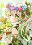  1girl aranara_(genshin_impact) blush chinnpou cross-shaped_pupils detached_sleeves dress flower_wreath genshin_impact gradient_hair green_eyes grey_hair hair_between_eyes hair_ornament highres jewelry leaf_hair_ornament long_hair looking_at_viewer looking_back multicolored_hair nahida_(genshin_impact) one_eye_closed pointy_ears side_ponytail sidelocks smile symbol-shaped_pupils white_dress white_hair 