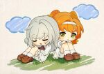  2girls absurdres book brown_footwear chibi closed_eyes cloud collared_dress dress drooling fighting_yupao grass green_eyes grey_hair hair_bun hairband highres holding holding_book loafers long_sleeves looking_at_another looking_to_the_side mouth_drool multiple_girls on_grass orange_hair paper_texture parted_lips reverse:1999 shoes shorts shorts_under_dress single_side_bun sitting sketch_background sleeping socks sonetto_(reverse:1999) two_side_up vertin_(reverse:1999) white_background white_dress white_hairband white_shorts white_socks 