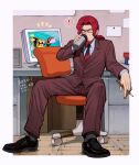  1boy chiha_bobobo commentary_request computer cup facial_hair formal glasses goatee heatman.exe highres holding holding_cup holding_pencil in-universe_location long_hair male_focus mega_man_(series) mega_man_battle_network_(series) mega_man_battle_network_6 mr._match_(mega_man) netnavi official_alternate_costume pencil red_hair sitting suit 