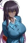  1girl absurdres arms_behind_back blue_archive blue_cardigan box breasts cardigan closed_mouth dark-skinned_female dark_skin gift gift_box halo heart-shaped_box highres karin_(blue_archive) large_breasts long_hair looking_at_viewer purple_halo school_uniform simple_background tewaki valentine white_background yellow_eyes 