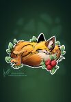 abstract_background ambiguous_gender berry blurred_background canid canine curled_up eyes_closed feral fluffy fluffy_ears fluffy_tail food fox fruit fungus hi_res leaf mammal mushroom plant simple_background solo stirren tail