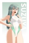  1girl aqua_eyes aqua_hair blush breasts cameltoe character_name chousokabe_k competition_swimsuit cowboy_shot gradient_background green_background green_one-piece_swimsuit highres kantai_collection large_breasts long_hair looking_at_viewer one-piece_swimsuit open_mouth smile solo suzuya_(kancolle) swimsuit white_background white_one-piece_swimsuit 