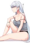  1girl absurdres black_panties breasts camisole cleavage collarbone fuyutsuki_(kancolle) grey_camisole grey_eyes grey_hair highres kantai_collection kiritto large_breasts leg_up long_hair looking_to_the_side open_mouth panties sidelocks simple_background sitting solo underwear very_long_hair white_background wristband 
