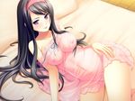  1girl :p bed black_hair blush breasts frills game_cg gradient_hair hand_on_thigh highres indoors large_breasts lingerie long_hair looking_at_viewer lying multicolored_hair nipples no_bra no_panties otomimi_infinity pillow purple_eyes ribbon sagawa_chiduru see-through see_through solo tongue tongue_out underwear 
