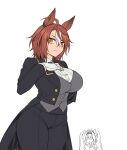  2girls ahoge animal_ears antenna_hair black_pants blue_bow blue_bowtie bow bowtie brown_hair butler commentary cowboy_shot daiwa_major_(racehorse) daiwa_scarlet_(umamusume) doodle_inset ear_ornament ear_piercing female_butler fukuro_(maruaru00) genderswap genderswap_(mtf) gloves hair_between_eyes hair_bow hair_intakes highres holding horse_ears horse_girl jacket long_hair looking_at_viewer multicolored_hair multiple_girls orange_eyes original pants personification piercing shirt short_hair siblings simple_background sisters slit_pupils suit_jacket tiara tuxedo twintails two-tone_hair umamusume unamused waistcoat white_background white_gloves white_hair white_shirt 