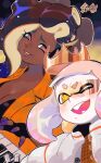  2girls aqua_eyes artist_name black_hair breasts cephalopod_eyes cleavage commentary_request dark-skinned_female dark_skin eyelashes furrowed_brow gradient_hair highres inkling_(language) jacket long_hair marina_(splatoon) mimimimiguchan mole mole_under_mouth multicolored_hair multiple_girls one_eye_closed open_clothes open_jacket open_mouth pearl_(splatoon) pink_hair red_pupils short_hair smile splatoon_(series) splatoon_3 star-shaped_pupils star_(symbol) symbol-shaped_pupils teeth tentacle_hair thick_eyebrows twitter_username two-tone_hair white_hair white_jacket yellow_eyes yellow_pupils 