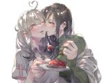  2girls backlighting black_hair blush brown_eyes cake collared_shirt dated food fork fruit green_sweater hair_ornament happy_birthday highres holding holding_fork holding_plate imminent_kiss kiss kissing_cheek long_sleeves looking_at_another multiple_girls nijisanji one_eye_closed parted_lips pink_eyes pink_nails plate shirayuki_tomoe shirt shuu-0208 sleeves_past_wrists strawberry sukoya_kana sweater turtleneck turtleneck_sweater twintails upper_body virtual_youtuber white_background white_hair white_shirt x_hair_ornament yuri 