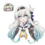  +_+ 1girl :d black_hairband black_jacket blue_eyes blue_hair blue_ribbon blush bow bridal_gauntlets chibi chibi_inset collared_shirt cropped_torso diamond_(shape) dot_nose firefly_(honkai:_star_rail) gradient_hair grey_hair hair_between_eyes hair_bow hair_intakes hair_ribbon hairband hands_up highres honkai:_star_rail honkai_(series) jacket long_hair long_sleeves looking_at_viewer multicolored_hair multiple_views neckerchief one_side_up open_mouth orange_neckerchief pink_eyes ribbon shirt sidelocks simple_background smile two-tone_eyes white_background white_bow white_shirt yuki_(x_x_gp) 