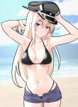  1girl armpits ass_visible_through_thighs bare_arms bare_shoulders beach bikini bismarck_(kancolle) black_bikini blonde_hair blue_eyes blue_shorts blush breasts closed_mouth collarbone cowboy_shot day furaggu_(frag_0416) grey_headwear hair_between_eyes hat highres kantai_collection long_hair navel ocean outdoors peaked_cap short_shorts shorts solo swimsuit 