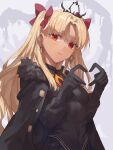  1girl black_cape black_dress black_gloves blonde_hair blush breasts cape dark-skinned_female dark_skin dress earrings ereshkigal_(fate) ereshkigal_alter_(fate) fate/grand_order fate_(series) fur-trimmed_cape fur_trim gloves hair_ribbon heart heart_hands highres hoop_earrings jewelry long_hair long_sleeves looking_at_viewer medium_breasts parted_bangs red_eyes ribbon solo tesin_(7aehyun) tiara two_side_up 