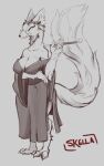 anthro arcanaloth_(dnd) arm_tuft big_breasts breasts canid canine claws cleavage clothed clothing crown crown_of_thorns digital_drawing_(artwork) digital_media_(artwork) digitigrade dungeons_and_dragons elbow_tuft eyewear female fox fur glasses greyscale hasbro headgear hi_res holding_pipe inner_ear_fluff leaf long_tail mammal mature_anthro mature_female monochrome narrowed_eyes pawpads pince-nez planescape_(franchise) plant sagging_breasts shemeshka_the_marauder_(planescape) signature slit_dress smoking_pipe solo standing tail the_skella tuft wizards_of_the_coast