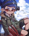  1boy black_footwear blue_hair blue_sky closed_mouth cloud coat collar commentary_request dualie_squelcher_(splatoon) fur-trimmed_coat fur_trim green_coat grey_shorts gun headgear highres holding holding_gun holding_weapon ink_tank_(splatoon) inkling_boy inkling_player_character male_focus outdoors pointy_ears red_eyes shoes short_hair shorts simple_bird sky smile solo splatoon_(series) tentacle_hair weapon white_collar yksb_inc6 