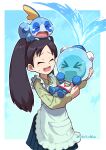  &gt;_&lt; 1girl apron aquaman.exe carrying carrying_person chiha_bobobo commentary_request crying highres long_hair mega_man_(series) mega_man_battle_network_(series) mega_man_battle_network_4 netnavi on_head pokemon pokemon_(creature) shuko_kido_(mega_man) sobble twintails wet wet_clothes wet_hair 