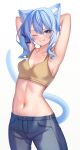  1girl absurdres animal_ear_fluff animal_ears aoi_zerii armpits blue_eyes blue_hair blue_ribbon blush breasts cat_ears cat_girl cat_tail collarbone crop_top denim fang hair_between_eyes hair_ribbon highres hololive hoshimachi_suisei jeans looking_at_viewer medium_hair midriff navel one_eye_closed pants ribbon shirt side_ponytail smile solo star_(symbol) star_in_eye symbol_in_eye tail virtual_youtuber yellow_shirt 