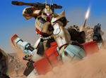  beam_rifle cannon desert dust energy_gun firing gm_(mobile_suit) gun gundam gundam_msv mecha no_humans photo_background punching robographer spikes war weapon zaku zaku_cannon zaku_ii 