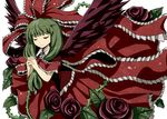  bad_id bad_pixiv_id bow closed_eyes dress flower frills front_ponytail givuchoko green_hair hair_bow hands_together kagiyama_hina leaf long_hair own_hands_together plant red_flower red_rose ribbon rose simple_background skirt smile solo thorns touhou vines white_background wings 
