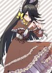  1girl absurdres ahoge animal_ears black_hair bow capelet chocolate commentary dress ear_tag earrings eyes_visible_through_hair frilled_capelet frilled_dress frilled_headwear frills hair_between_eyes hair_over_one_eye hat heart heart_hands highres horse_ears horse_girl jewelry light_smile long_bangs long_hair long_sleeves looking_at_viewer manhattan_cafe_(umamusume) multicolored_hair neighbor_0520 red_capelet red_dress shirt single_earring smile solo striped_background umamusume valentine white_hair yellow_bow yellow_eyes 