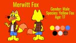 blue_bottomwear blue_clothing blue_shorts bottomwear canid canine clothing english_text fox fur hi_res male mammal merwitt_fox_(toonartist102) model_sheet orange_body orange_fur shirt shorts simple_background solo text toonartist102 topwear vest white_clothing white_shirt white_topwear yellow_body yellow_fur