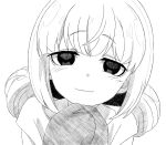  1girl araga_kiwi commentary_request double_bun eyebrows_hidden_by_hair graphite_(medium) hair_bun head_tilt k_terukazu light_smile long_bangs looking_at_viewer mahou_shoujo_ni_akogarete monochrome morino_korisu scarf short_hair simple_background solo traditional_media upper_body 