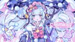  &gt;_&lt; 1girl blue_background blue_eyes blue_gloves blue_hair blue_kimono blue_theme blunt_bangs blush bonnet bow crescent floating_hair fur_scarf gloves hair_bow hand_up hatsune_miku highres japanese_clothes kiato kimono long_hair long_sleeves looking_at_viewer open_mouth pink_bow pointing pointing_at_viewer rabbit rabbit_yukine snow snowing song_name twintails upper_body very_long_hair vocaloid wide_sleeves yuki_miku yuki_miku_(2023) 