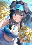  1girl animal_ears bare_shoulders blue_archive blush breasts cheerleader cleavage dog_ears dog_girl dog_tail eyewear_on_head goggles goggles_on_head halo hibiki_(blue_archive) hibiki_(cheer_squad)_(blue_archive) holding holding_pom_poms izumi_akane large_breasts long_hair looking_at_viewer midriff millennium_cheerleader_outfit_(blue_archive) navel official_alternate_costume open_mouth pom_pom_(cheerleading) revision solo sticker_on_arm sticker_on_face stomach tail 