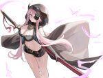  1girl absurdres belt black_belt black_bra black_gloves black_horns black_shorts blue_eyes bra breasts bug butterfly butterfly_hair_ornament cleavage commentary draph feet_out_of_frame gloves granblue_fantasy grey_cloak hair_ornament hair_over_one_eye highres hood horns katana large_breasts long_hair narmaya_(granblue_fantasy) narmaya_(the_black_butterfly)_(granblue_fantasy) navel official_alternate_costume pink_hair pointy_ears shiro_wa_(shiroshironix) short_shorts shorts sidelocks simple_background solo stomach sword thighs underwear weapon weapon_on_back white_background 