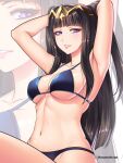 1girl armpits artist_name bikini black_bikini black_hair blunt_bangs breasts collarbone english_commentary etchimune fire_emblem hands_up hime_cut long_hair looking_at_viewer parted_lips purple_eyes solo swimsuit tharja_(fire_emblem) twitter_username 