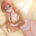  1girl absurdres ban_joo-hee blush breasts brown_hair brown_shirt collarbone commentary commission frown green_eyes groin hair_behind_ear hair_between_eyes hand_on_own_shoulder highres korean_commentary large_breasts long_hair long_sleeves looking_at_viewer love_delivery lying navel nina-chan_(girl5041) on_side panties shirt solo underwear v-neck very_long_hair white_panties 