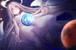  1girl angel_notes angel_wings bare_shoulders blonde_hair breasts dress earth_(planet) forehead giant giantess halo highres long_hair mars_(planet) medium_breasts mercury_(planet) orbital_path planet solar_system solo space star_(sky) sun sundress thighs type-moon v/v venus_(planet) very_long_hair white_dress wings yellow_eyes yellow_wings yubeshi_(zecxl) 