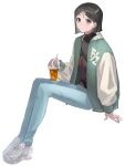  1boy arm_support black_hair black_shirt blue_pants cup drinking_straw fate/zero fate_(series) full_body green_jacket grey_eyes highres holding holding_cup invisible_chair jacket letterman_jacket long_sleeves looking_at_viewer male_focus pants shirt shoes short_hair sitting sneakers solo tokoni_fusu waver_velvet white_background white_footwear 
