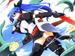  akakuro-san black_legwear blood blue_hair boots borrowed_character eating facial_tattoo knife long_hair mouth_hold original panties pantyshot ponytail red_eyes solo sword tattoo tentacles thighhighs tomoshibi_hidekazu underwear weapon 