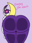 anthro anthrofied bat big_butt butt butt_focus digital_media_(artwork) enderbendr female generation_7_pokemon genitals legendary_pokemon looking_at_viewer looking_back luna_(endrslendr) lunala mammal nintendo pokemon pokemon_(species) presenting rear_view simple_background smile solo text thick_thighs