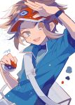  1boy auko blue_shirt brown_eyes brown_hair collared_shirt color_guide commentary_request holding holding_poke_ball looking_at_viewer male_focus nate_(pokemon) open_mouth poke_ball poke_ball_print pokemon pokemon_bw2 red_headwear shading_eyes shirt short_hair signature simple_background smile solo upper_body visor_cap white_background white_bag 