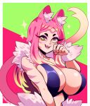 5_fingers animal_humanoid big_breasts breasts cat_humanoid eyebrows felid felid_humanoid feline feline_humanoid female fingers hair humanoid inner_ear_fluff mammal mammal_humanoid open_mouth open_smile pink_hair powderrune smile solo tail tailed_humanoid tuft