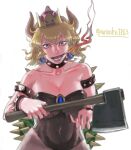  1girl armlet axe black_collar blonde_hair blue_eyes blue_lips bowsette bracelet breasts breathing_fire cleavage collar collarbone commentary_request cowboy_shot fang fingernails fire grey_leotard grey_nails holding holding_axe horns jewelry large_breasts leotard looking_at_viewer mario_(series) new_super_mario_bros._u_deluxe open_mouth sharp_fingernails short_bangs simple_background smile solo spiked_armlet spiked_bracelet spiked_collar spiked_shell spikes strapless strapless_leotard super_crown turtle_shell twitter_username v-shaped_eyebrows wankosoba_(wanko1263) white_background 