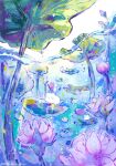  animal closed_eyes commentary dated english_commentary flower halo highres kiato lily_pad no_humans original outdoors pink_flower plant signature underwater water water_lily_flower 