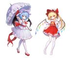  2girls absurdres akelp arm_up ascot back_bow bat_wings blonde_hair blue_hair bow buttons chinese_commentary closed_mouth collared_shirt commentary_request crystal flandre_scarlet frilled_shirt_collar frilled_skirt frilled_sleeves frilled_umbrella frills full_body hat hat_bow hat_ribbon head_tilt highres holding holding_umbrella large_bow long_hair looking_at_viewer mary_janes mob_cap multicolored_wings multiple_girls no_shoes one_side_up puffy_short_sleeves puffy_sleeves purple_umbrella red_ascot red_bow red_eyes red_footwear red_ribbon red_skirt red_vest remilia_scarlet ribbon second-party_source shirt shoes short_sleeves siblings simple_background sisters skirt skirt_set sleeve_ribbon thighhighs touhou umbrella vest white_background white_bow white_headwear white_shirt white_skirt white_thighhighs wings wrist_cuffs yellow_ascot 
