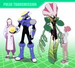  1boy 1girl anetta_(mega_man) chiha_bobobo chinese_clothes colored_sclera commentary_request dark-skinned_female dark_skin english_text flashman.exe green_eyes green_sclera height_difference highres holding_orb mega_man_(series) mega_man_battle_network_(series) mega_man_battle_network_3 netnavi plantman.exe red_hair rei_saiko short_hair 