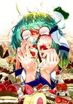  blank_eyes cake candy cookie dessert eating food frog fruit full_mouth grapes green_hair hair_tubes icing kochiya_sanae messy pocky sakurai_energy solo strawberry strawberry_shortcake sweets swiss_roll tears touhou wafer wafer_stick whipped_cream x_x 