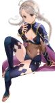  1girl absurdres alternate_costume blue_cape blue_panties bodystocking braid bridal_gauntlets cape closed_mouth commission commissioner_upload cosplay covered_navel dark_mage_(fire_emblem_fates) fire_emblem fire_emblem_fates grey_eyes haru_(nakajou-28) highres lone_nape_hair looking_at_viewer low_twin_braids low_twintails nina_(fire_emblem) non-web_source nyx_(fire_emblem) nyx_(fire_emblem)_(cosplay) panties parted_bangs revealing_clothes sitting skeb_commission skin_tight solo thighhighs toeless_footwear toeless_legwear turtleneck twin_braids twintails two-tone_legwear underwear white_background 