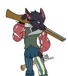 anthro arquebus bat blue_clothing clothed clothing fur green_clothing gun holding_object holding_weapon landsknecht male mammal melee_weapon multicolored_clothing ranged_weapon red_clothing savo simple_background smile solo sword weapon white_clothing yellow_clothing