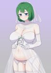  1girl absurdres blue_eyes blush borrowed_character breasts bridal_lingerie bridal_veil cleavage closed_mouth commission corset cowboy_shot elbow_gloves garter_belt garter_straps gloves gradient_background green_hair grey_background hands_on_own_stomach highres large_breasts lingerie navel original panties pregnant purple_background short_hair smile solo somopum thighhighs underwear veil white_gloves white_panties white_thighhighs 