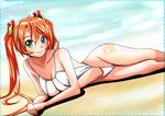  arm_support breasts casual_one-piece_swimsuit cleavage heterochromia highleg highleg_swimsuit kagurazaka_asuna large_breasts light_smile long_hair lying mahou_sensei_negima! on_side one-piece_swimsuit orange_hair pururun_z slingshot_swimsuit solo swimsuit twintails 