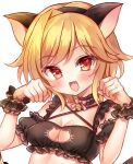 1girl :d achico_999 animal_ears bell black_choker black_hairband black_wrist_cuffs blonde_hair blush bow breasts cat_ears cat_lingerie choker cleavage cleavage_cutout clothing_cutout commentary commission criss-cross_halter detached_sleeves fake_animal_ears fang frilled_choker frilled_sleeves frilled_wrist_cuffs frills hairband halterneck hands_up highres jingle_bell kin-iro_loveriche looking_at_viewer medium_breasts medium_hair meme_attire neck_bell open_mouth paw_pose pink_bow red_eyes short_sleeves simple_background smile solo souma_ria upper_body white_background wrist_cuffs 