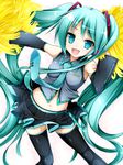  :d aqua_eyes aqua_hair detached_sleeves hatsune_miku highres komo_egg long_hair midriff navel necktie open_mouth pom_poms skirt smile solo thighhighs twintails very_long_hair vocaloid 