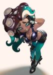  1girl aqua_eyes aqua_hair aqua_pantyhose arm_on_own_head black_footwear black_gloves black_hair boots breasts cephalopod_eyes cleavage collarbone commentary_request dark-skinned_female dark_skin eyelashes full_body furrowed_brow gloves gradient_hair highres large_breasts leaning_forward long_hair marina_(splatoon) mole mole_under_mouth multicolored_hair naoki_(oosuko) pantyhose pink_pupils smile solo splatoon_(series) standing teeth tentacle_hair thick_eyebrows two-tone_hair white_background 