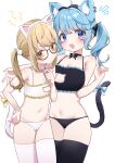  2girls absurdres ahoge animal_ear_fluff animal_ear_piercing animal_ears black-framed_eyewear black_panties black_thighhighs blonde_hair blue_eyes blue_hair blush breast_envy breasts cat_cutout cat_ears cat_lingerie cat_tail cleavage cleavage_cutout closed_mouth clothing_cutout commentary cowboy_shot dog_ears dog_girl fake_animal_ears flat_chest frown glasses highres inaba_haneru_(animare) kemonomimi_mode large_breasts long_hair looking_at_viewer medium_bangs meme_attire multiple_girls nanashi_inc. navel notice_lines open_mouth panties simple_background souya_ichika tail tamotsu_(mary) thighhighs twintails underwear underwear_only virtual_youtuber white_background white_panties white_thighhighs 