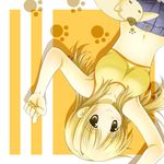  armpits blonde_hair breasts cat denim hidamari_sketch long_hair medium_breasts miyako nashigami_tsubute navel paw_print smile solo sports_bra upside-down 